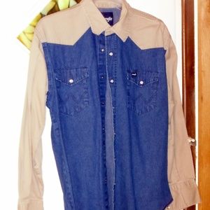 Wrangler tan and blue denim long sleeve shirt XL